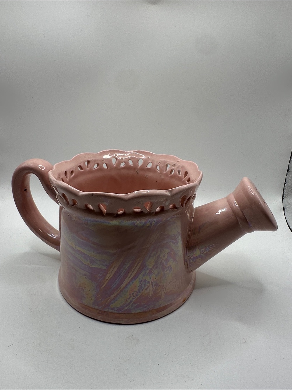 Pink Ceramic Watering Can Vase with Scalloped Rim